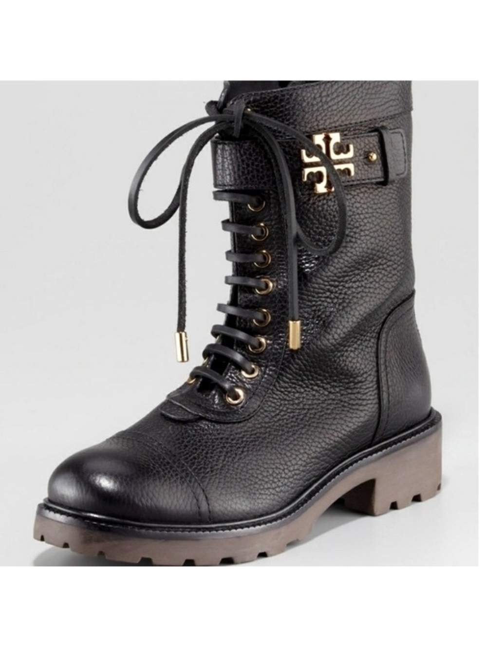 Tory Burch Black Leather Combat Boots with Gold Logo Detail